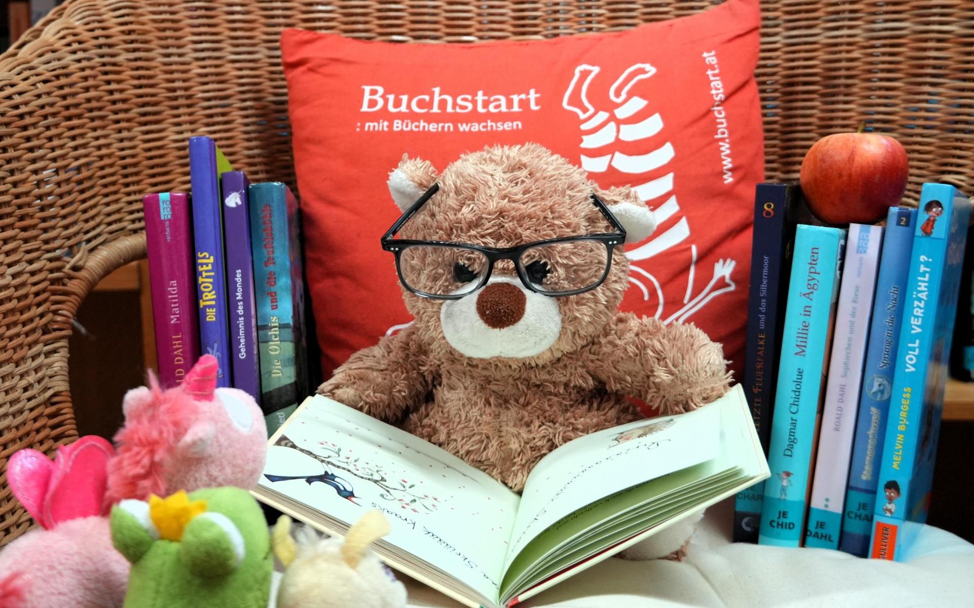 Teddybär mit Brille liest ein Buch auf einem Stuhl