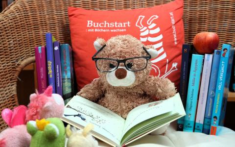 Teddybär mit Brille liest ein Buch auf einem Stuhl